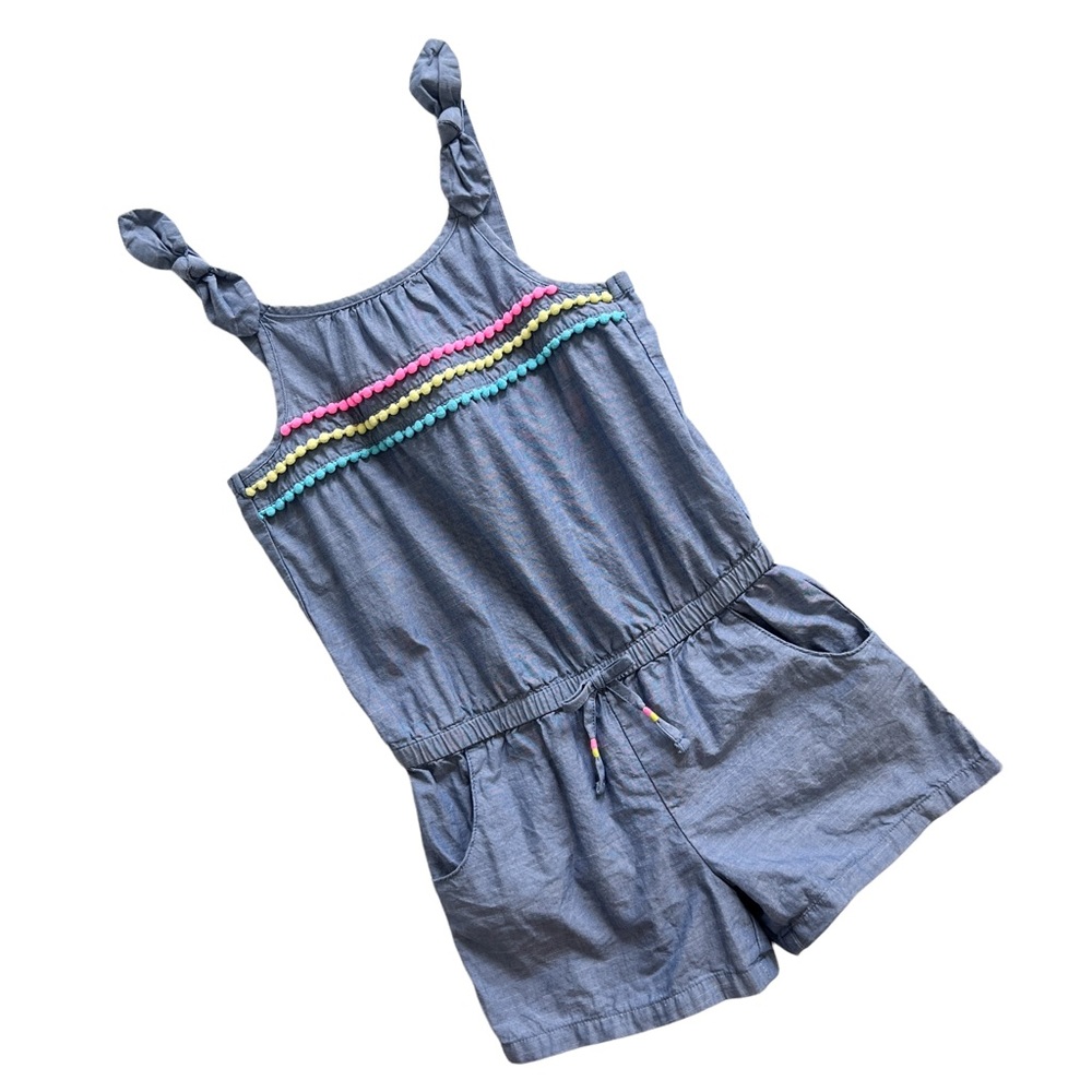 CHEROKEE Chambray Pom Pom Cotton Romper Bow Strap Shorts Blue Pink Yellow 5T